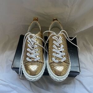 Gold and White Fashion Sneakers with Metallic Finish